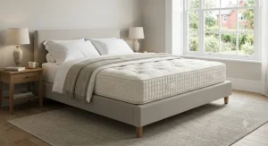A luxury king size 3000 pocket spring mattress styled in a modern British master bedroom.