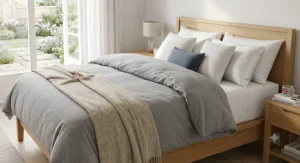 A spacious king size hybrid mattress under £500 dressed with a cosy duvet and pillows.