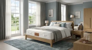 A luxury king size pocket sprung mattress for couples styled beautifully in a modern British master bedroom.