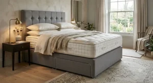 A luxurious king size pocket sprung mattress placed on a modern upholstered divan base in a British bedroom.