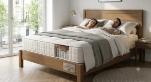 A couple sleeping peacefully on a king size pocket sprung mattress under £300 illustrating zero partner disturbance and motion transfer