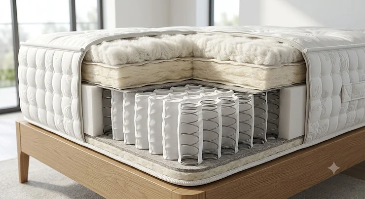 A detailed cross-section diagram of a luxury pocket spring mattress showing individually nested pocket springs beneath natural wool and cotton fillings.