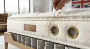 Detailed view of the traditional hand-side stitching and air vents on the border of a high-quality luxury pocket spring mattress.