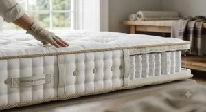 Side profile of a luxury pocket sprung mattress showing traditional hand tufted details and side stitching.