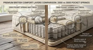 Illustration of premium British wool and cotton comfort layers used in high-quality 2000 and 3000 pocket spring mattresses.