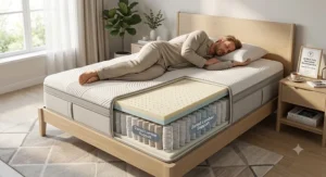 Side sleeper resting on a medium-firm hybrid mattress recommended by UK back pain specialists.
