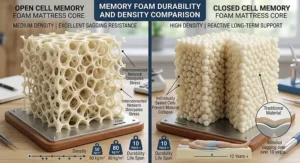 Infographic comparing the long-term durability, sagging resistance, and density of open cell vs closed cell memory foam mattress cores.