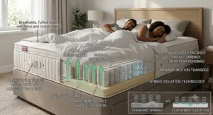 Couple enjoying undisturbed sleep with minimal motion transfer on a high-rating British hybrid mattress.