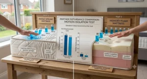 Diagram demonstrating motion isolation in a memory foam mattress to prevent partner disturbance compared to pocket springs.