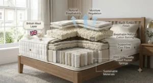 Diagram of breathable natural fillings including British wool layers inside a 2000 pocket spring mattress