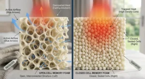 Comparison of airflow in open cell vs closed cell memory foam, demonstrating how open cells dissipate heat for a cooler night's sleep in the UK.