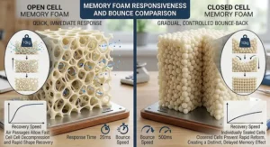 Illustration showing the different response times and bounce-back speeds when comparing open cell vs closed cell memory foam.