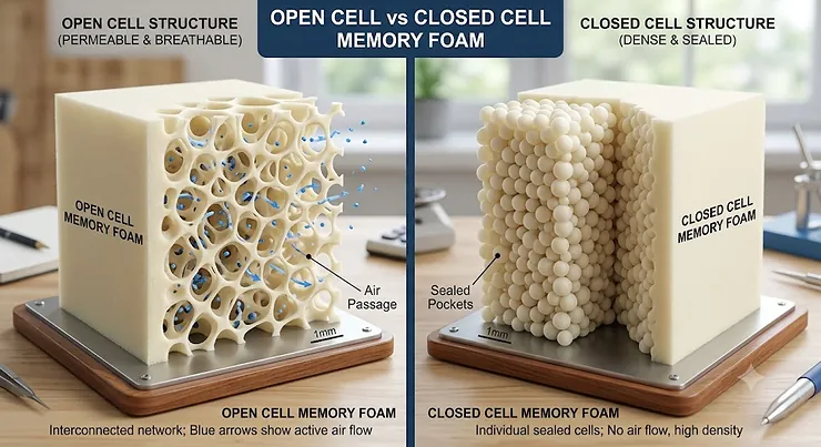 A diagram comparing open cell vs closed cell memory foam structures, showing the interconnected cells of open cell foam next to the sealed cells of closed cell foam.