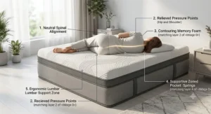 Illustration of optimal spinal alignment on an orthopaedic hybrid mattress for back pain sufferers.