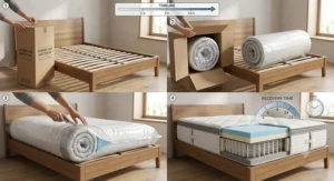Illustration showing correct orthopaedic spinal alignment for a side sleeper resting on a foam and spring hybrid mattress.