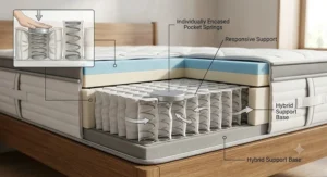 Diagram highlighting individually encased pocket springs that provide responsive support in a foam and spring hybrid mattress.