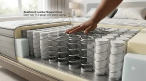 Illustration of thick gauge pocket springs providing firm lumbar support in a hybrid mattress for heavy people.