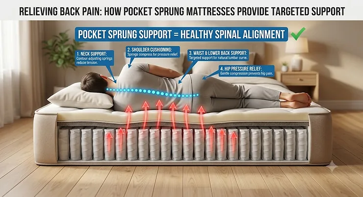 Diagram showing how a pocket sprung mattress aligns the spine to relieve back pain for a sleeper.