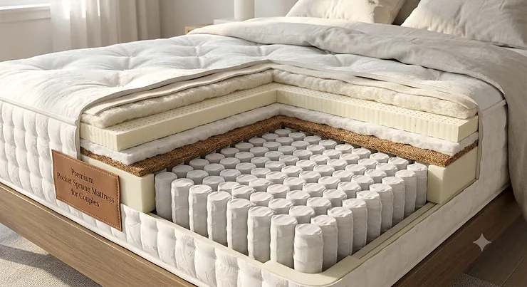 A cross-section illustration of a premium pocket sprung mattress for couples showing independent pocket springs and natural comfort layers.
