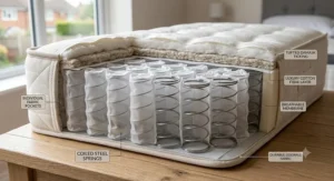 Cross section diagram of a pocket sprung mattress showing individual fabric pockets housing steel springs for independent support.