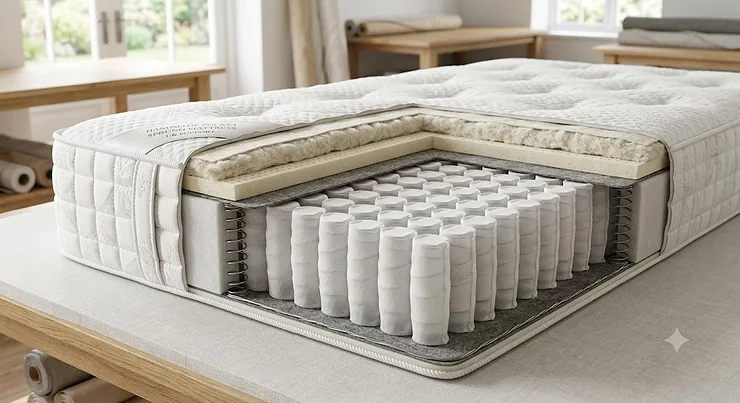 A cutaway view showing the internal structure of a pocket sprung mattress with individual fabric pockets.