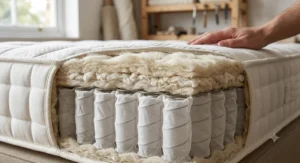 Close up of a pocket sprung mattress layer featuring sustainable natural fillings including British wool and cotton.