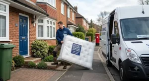 A delivery driver delivering a budget-friendly pocket sprung mattress under £300 directly to a UK residential home