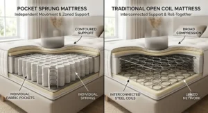 A diagram comparing a pocket sprung mattress with independent movement to a traditional open coil spring system.