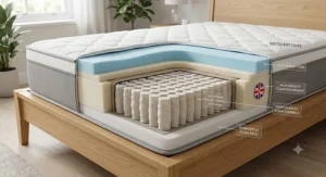 Cross section showing pocket springs and memory foam layers of an affordable hybrid mattress under £500.