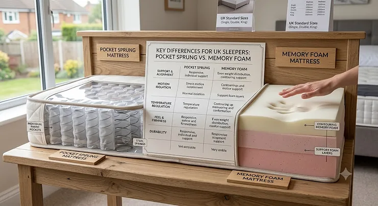 A side by side comparison chart highlighting the key differences between a pocket sprung vs memory foam mattress for UK sleepers.