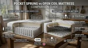 An infographic comparing the benefits of a supportive pocket sprung mattress under £300 against a traditional open coil mattress