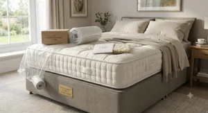 A premium double luxury pocket spring mattress fully expanded on a divan base, ready for use in a stylishly decorated home.