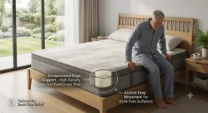 Encapsulated edge support on a hybrid mattress assisting easy movement for people with lower back pain.