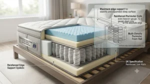 Illustration showing reinforced side walls and edge support on a firm hybrid mattress for heavy people.