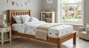 A high quality single pocket sprung mattress on a wooden bed frame in a brightly lit children's bedroom.