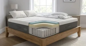 Super king hybrid mattress for couples placed on a sturdy wooden bed frame