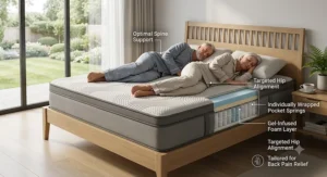 A UK king size hybrid mattress tailored for back pain relief and proper posture support.