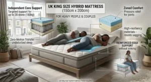 Illustration of a UK king size hybrid mattress designed for heavy people and couples in a British bedroom.