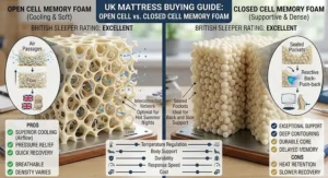 UK mattress buying guide graphic summarising the pros and cons of open cell vs closed cell memory foam for British sleepers.