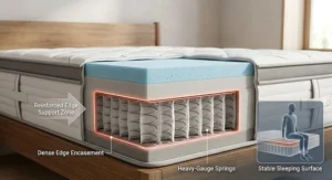 UK size comparison chart illustrating single, double, king, and super king foam and spring hybrid mattress dimensions.