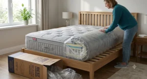 Illustration showing a bed-in-a-box hybrid mattress expanding on a double bed frame in a modern British bedroom.