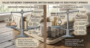 Price and value comparison graphic weighing the cost benefits of a British-made 2000 versus 3000 pocket spring mattress.