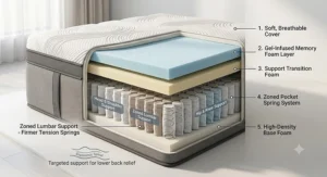 Zoned lumbar support layers in a hybrid mattress designed to relieve lower back pain.