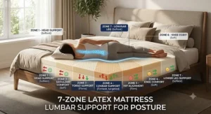 Illustration of a 7-zone latex mattress supporting the spine and lower back for posture support