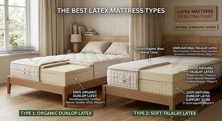 Overview illustration of the best latex mattress types showing organic Dunlop and soft Talalay layers