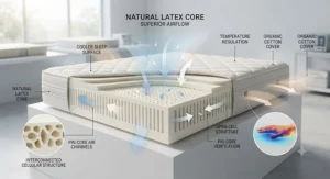 Diagram illustrating superior airflow and temperature regulation in a natural latex mattress.