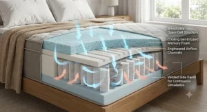 Illustration showing breathable open-cell memory foam and airflow channels that promote temperature regulation throughout the night.
