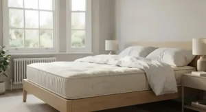 A comfortable, breathable eco-friendly mattress styled in a bright, modern UK bedroom setting.