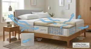 Cross-section illustration highlighting breathable airflow channels inside a hypoallergenic pocket sprung mattress.