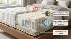 Airflow illustration showing heat dissipation and temperature regulation through open-cell latex and pocketed coils in a hybrid mattress.